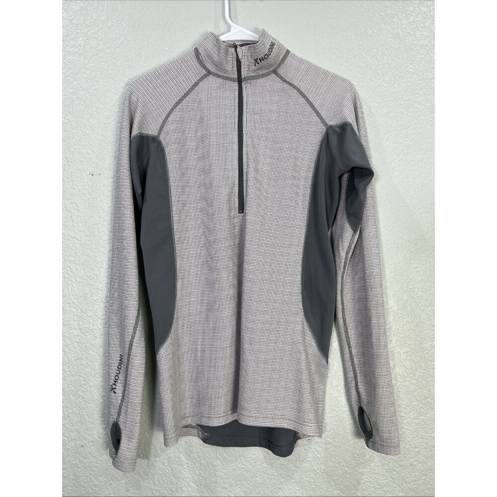 Houdini Mid Base Pullover Mens‎ Small Grey White Grid 1/4 Zip Thumbholes Eco